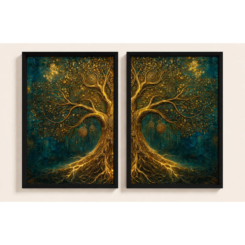 Set 2 Cuadros Arbol De La Vida Tonos Dorados Mural Díptico Marco Negro