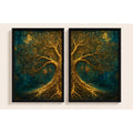 Set 2 Cuadros Arbol De La Vida Tonos Dorados Mural Díptico Marco Negro