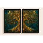 Set 2 Cuadros Arbol De La Vida Tonos Dorados Mural Díptico Marco Negro