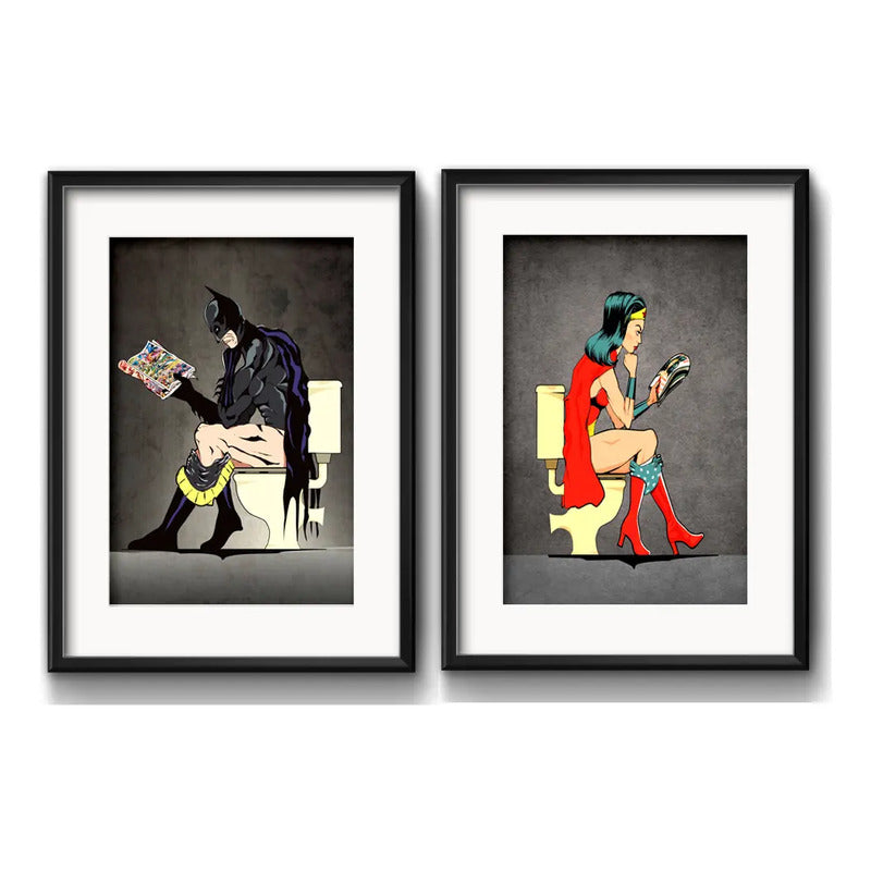 Set 2 Cuadros Heroes Baño Batman Mujer Maravilla Paspartú