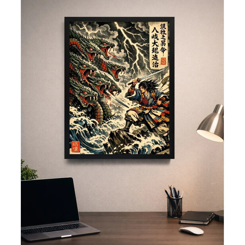 Cuadro Samurai Guerrero Dragón 8 Cabezas Japón Mistico Arte Marco Negro