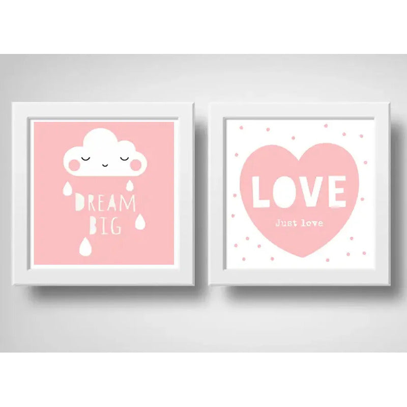 Set 2 Cuadros Dream Big Just Love Frase Dormitorio Infantil Marco Blanco