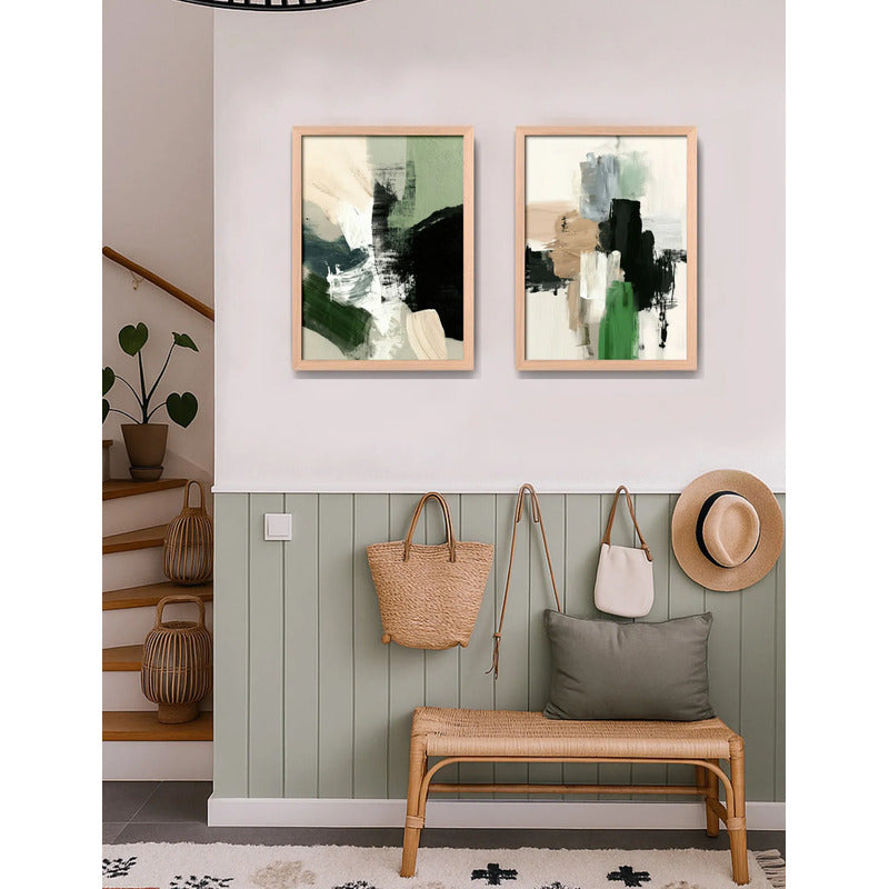 Set 2 Cuadros Dormitorio Living Abstracto Mossy Calm 2 Verde Marco Marrón Claro