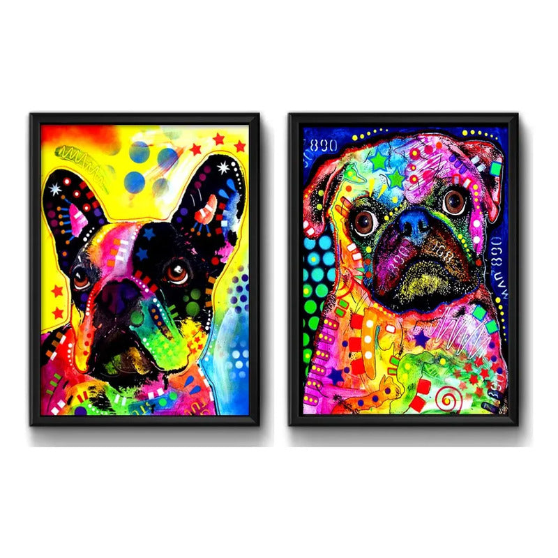 Set 2 Cuadros Perros Pop Art Pug Bulldog Mascota Pet Decora