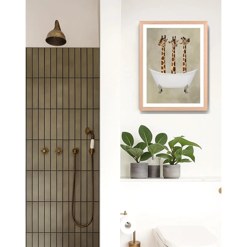Cuadro Jirafas Bano Arte Animales Tonos Neutros Marco Oak Marco Marrón Claro