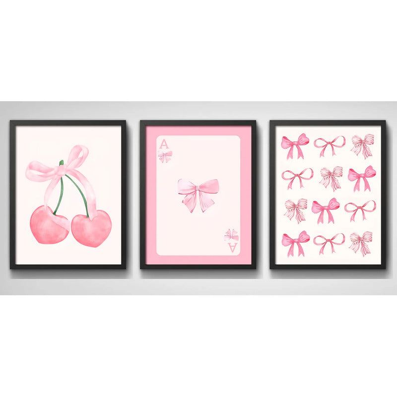 Set 3 Cuadros Rosa Pink Tendencia Lazos Fashion Coquette Marco Negro