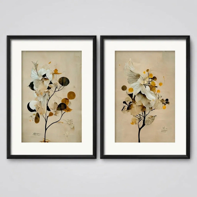 Set 2 Cuadros Flores Tonos Pastel Y Tierra Con Paspartú Marco Negro