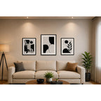 Set 3 Cuadros Living Escalera Pasillo Abstracto Blanco Negro Marco Negro