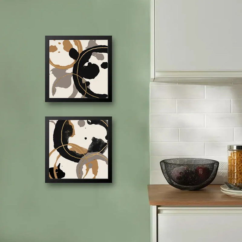 Set 2 Cuadros Living Cocina Café Arte Abstracto Tonos Pastel Marco Negro