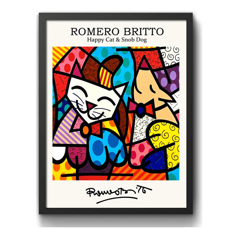Cuadro Romero Britto Pop Art Gato Feliz Perro Snob Living Marco Negro