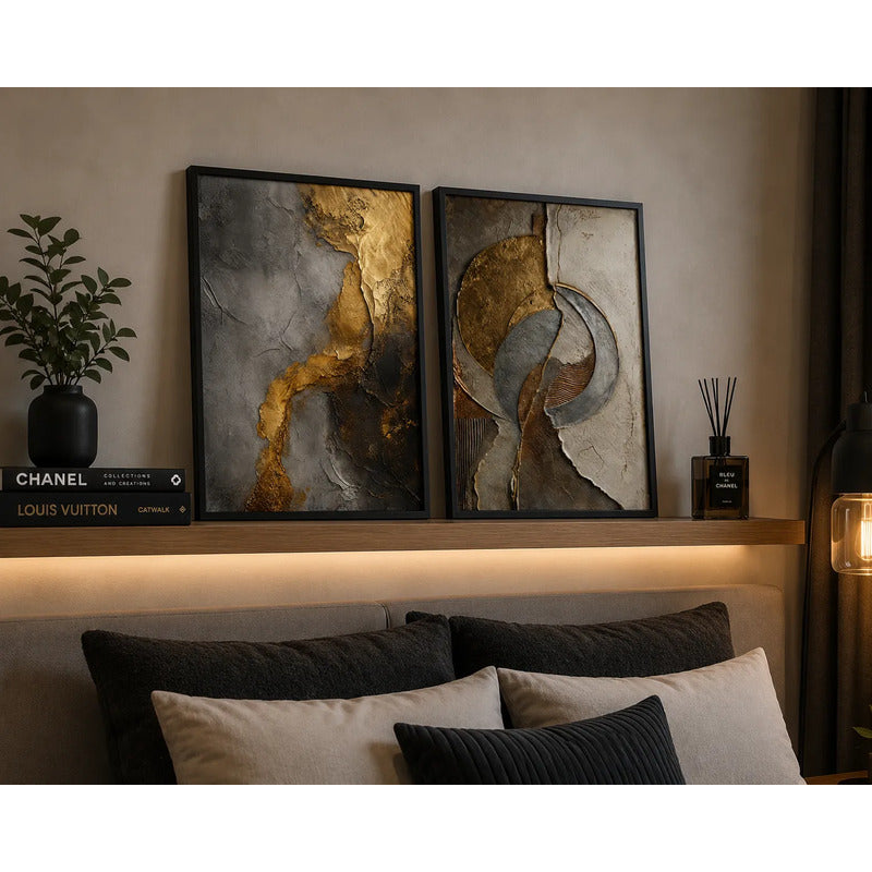Set 2 Cuadros Living Dormitorio Abstracto 3d Oro Gris Beige Marco Negro