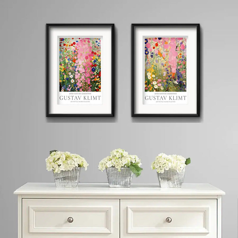 Set 2 Cuadros Gustav Klimt Jardín De Flores Bs1 Con Paspartú Marco Negro