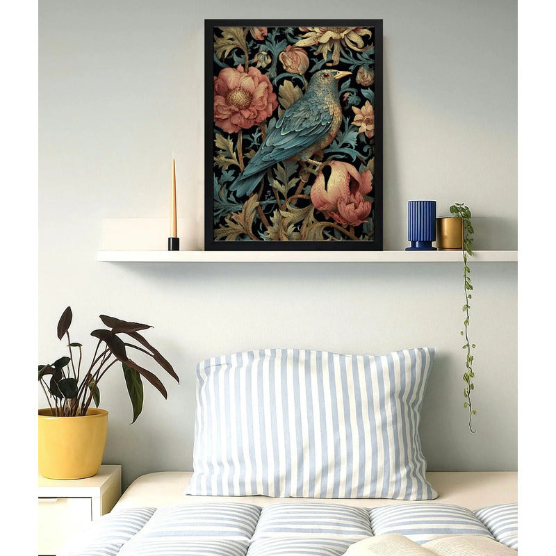 Cuadro Pajaro Botanico Flores William Morris Aves Flor Arte Pájaro Azul Y Peonías W Morris Marco Negro