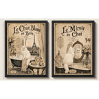 Set 2 Cuadros Decoracion Bano Gato Blanco Paris Retro Banera Marco Negro