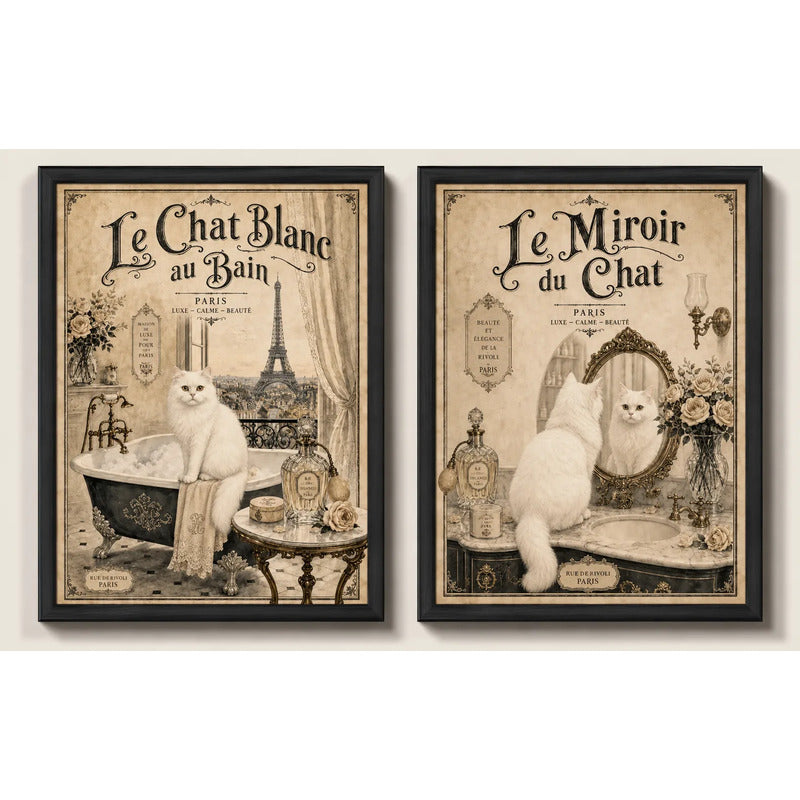 Set 2 Cuadros Decoracion Bano Gato Blanco Paris Retro Banera Marco Negro