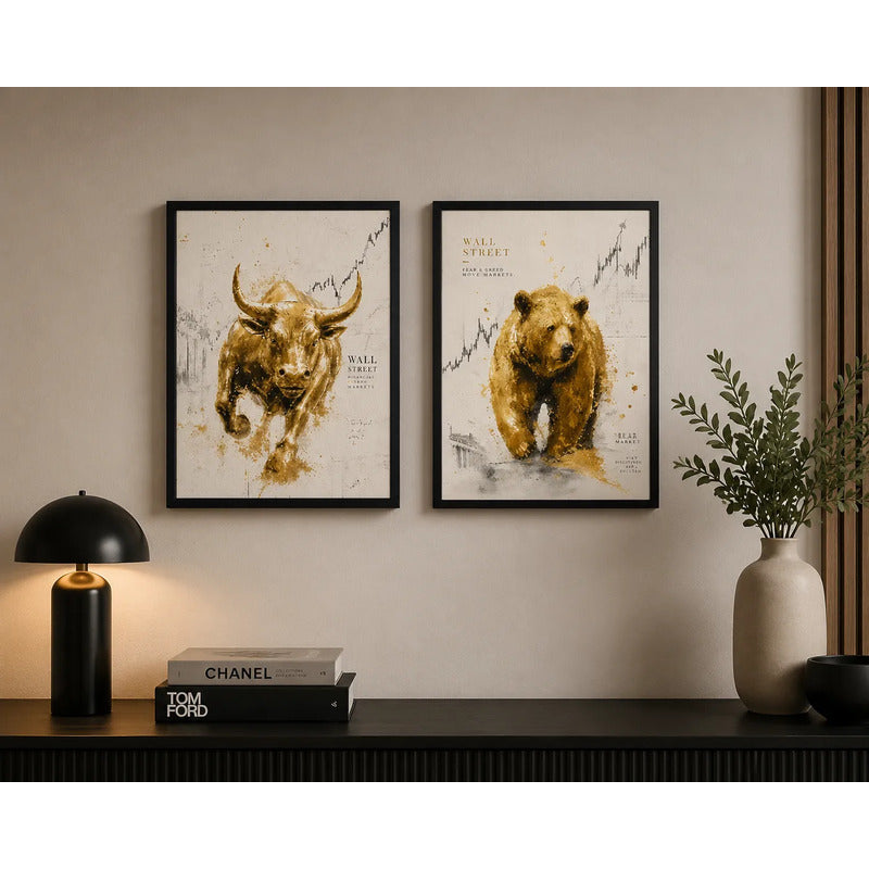 Set 2 Cuadros Toro Y Oso De Wall Street Dorado Arte Oficina Marco Negro