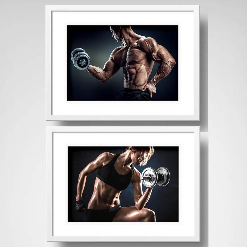 Set 2 Cuadros Fitness Gym Musculacion Gimnasio Con Paspartu