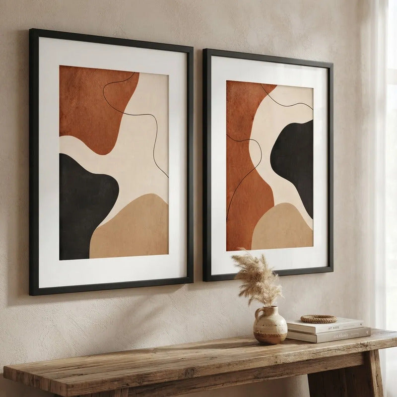 Set 2 Cuadros Boho Arte Abstracto Tonos Tierra Con Paspartu 43x33cm Cada Cuadro Negro