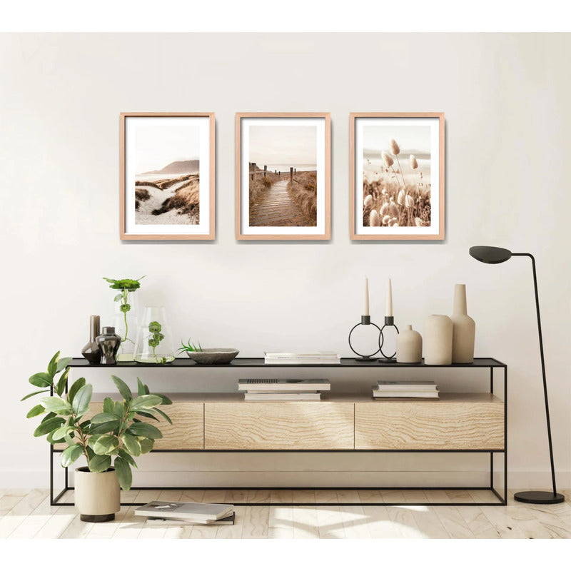 Set 3 Cuadros Paisajes De Playa Tonos Beige Neutros Dunas Marco Madera Natural Oak
