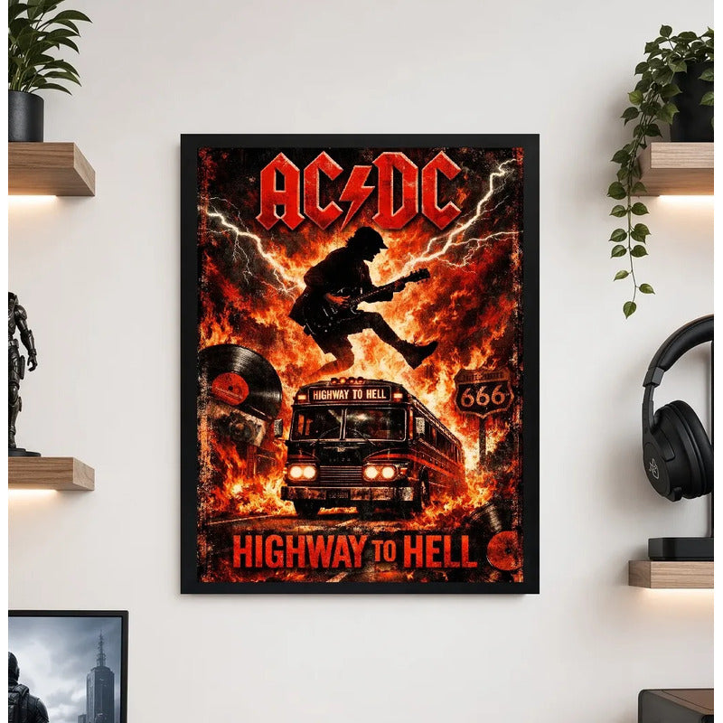 Cuadro Ac/dc Highway To Hell Rock Musica Acdc Art Decoracion Marco Negro