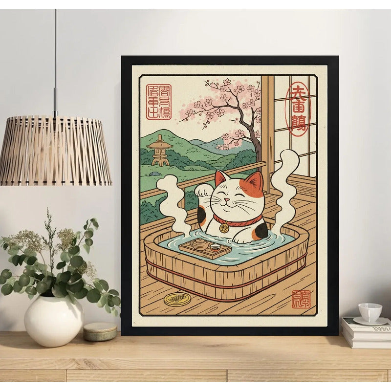 Cuadro Bano Gato De La Suerte Banera Spa Flores Cerezo Japón Marco Negro