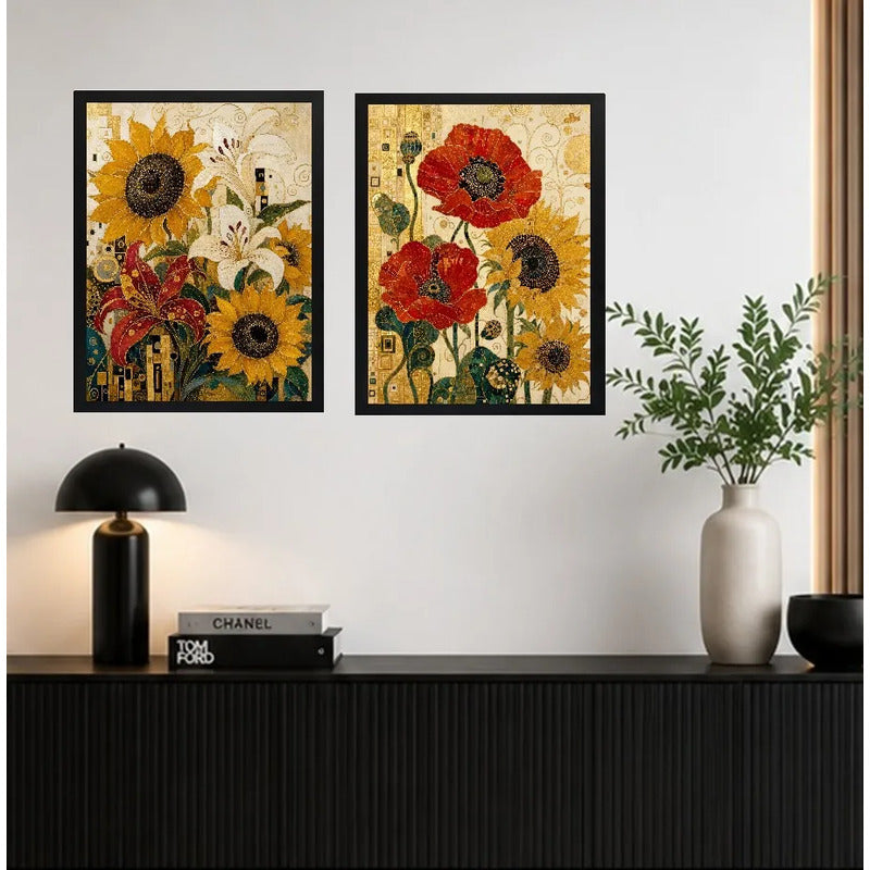 Set 2 Cuadros Gustav Klimt Girasoles Flores Decora Living Marco Negro