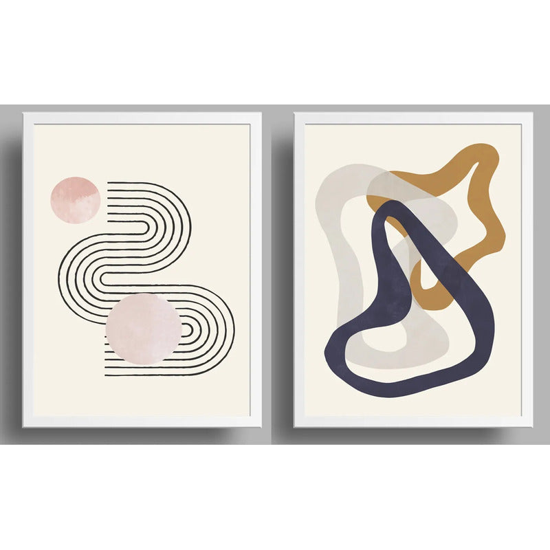 Set 2 Cuadros Boho Abstracto Duo Líneas Geométricas Fluidas Marco Blanco