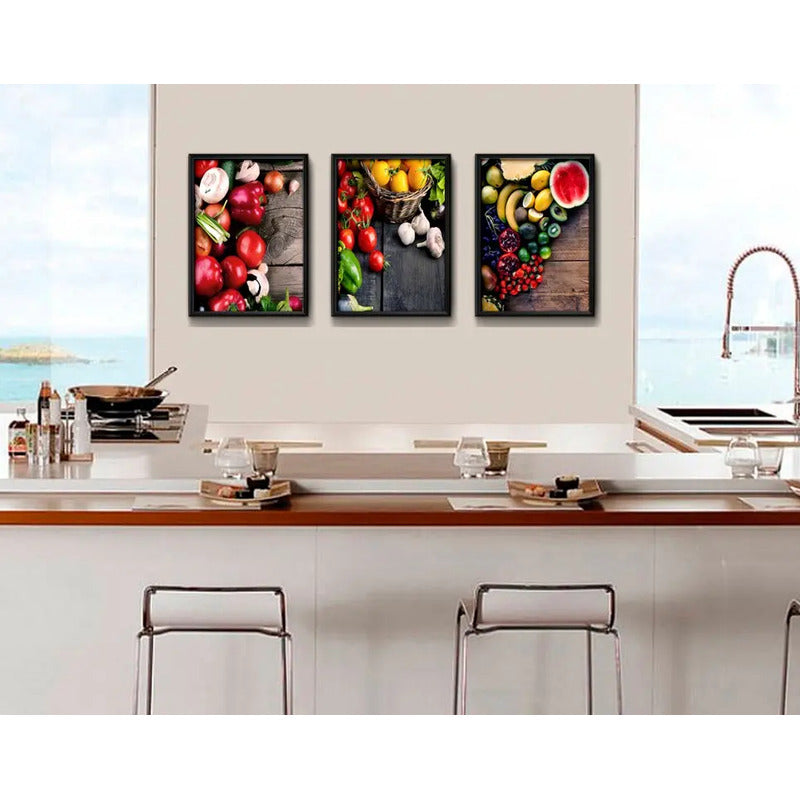 Set 3 Cuadros Frutas Verduras Cocina Gourmet Decoracion Marco Negro