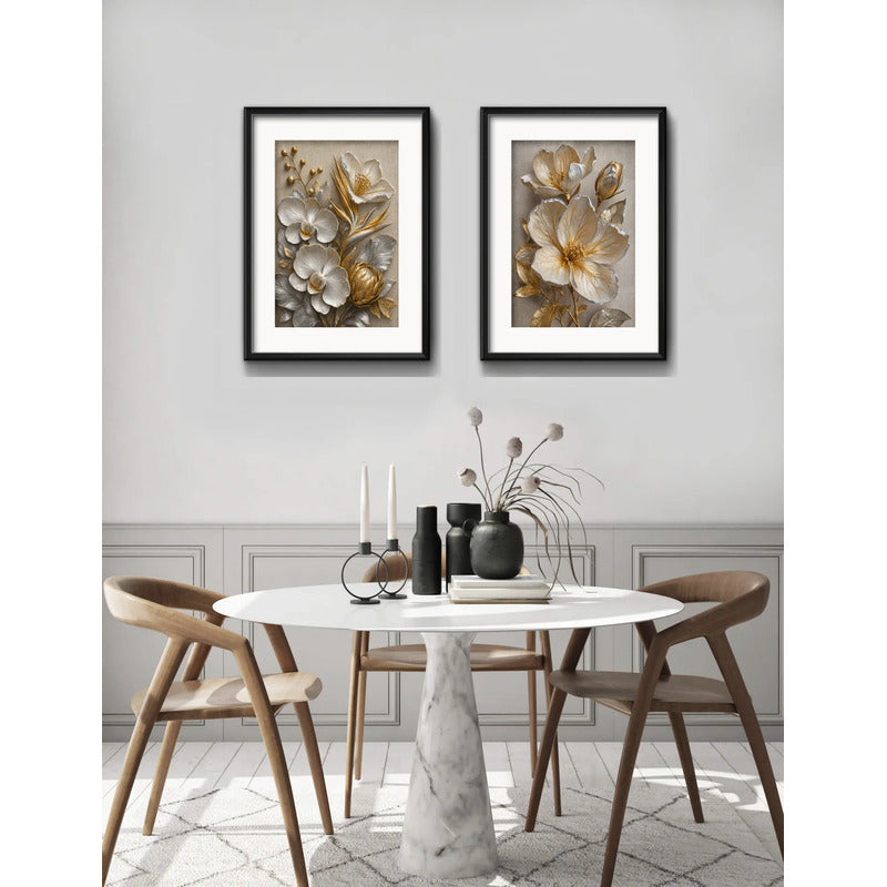 Set 2 Cuadros Flores Blancas Tonos Oro Y Plata Con Paspartú 53x43cm Cada Cuadro Negro