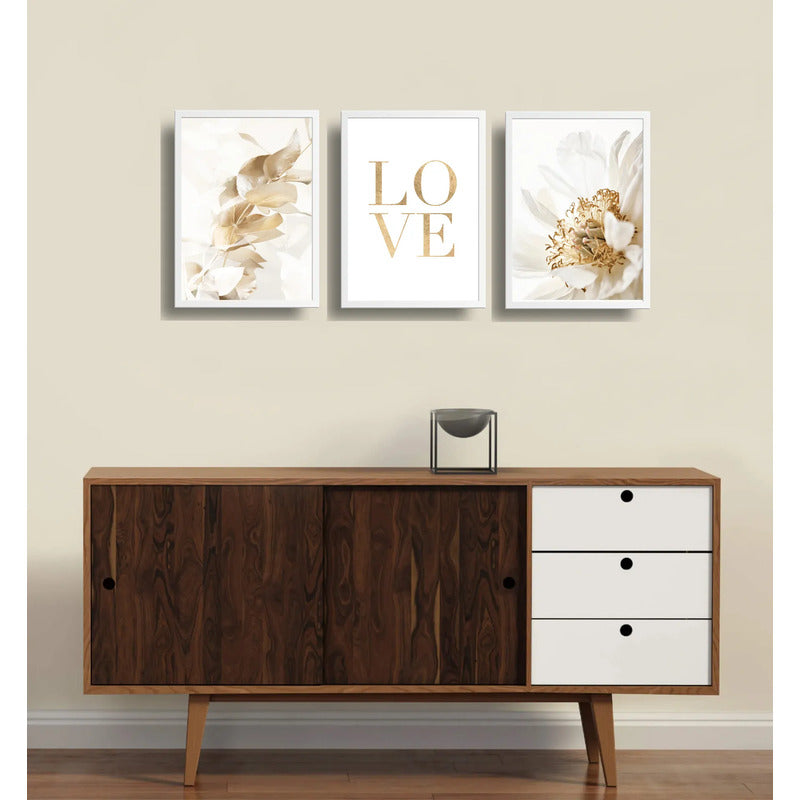 Set 3 Cuadros Hojas Doradas Love Botanica Tonos Suaves Marco Blanco