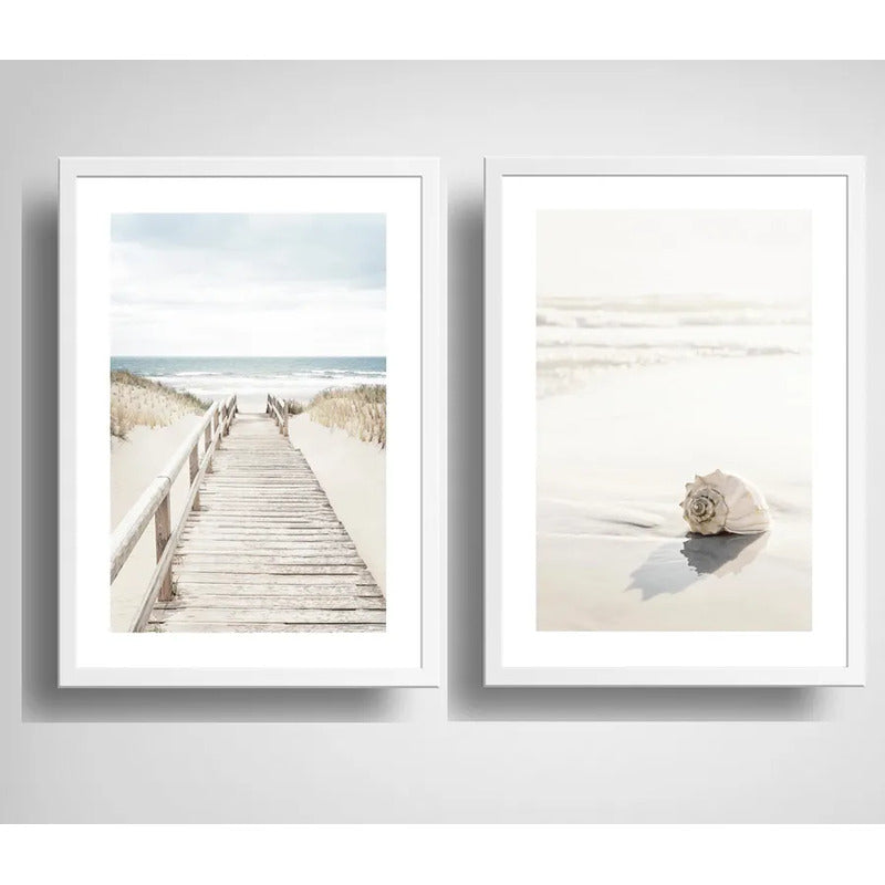 Set 2 Cuadros Paisajes De Playa Tonos Neutros Caracola Arena Marco Blanco