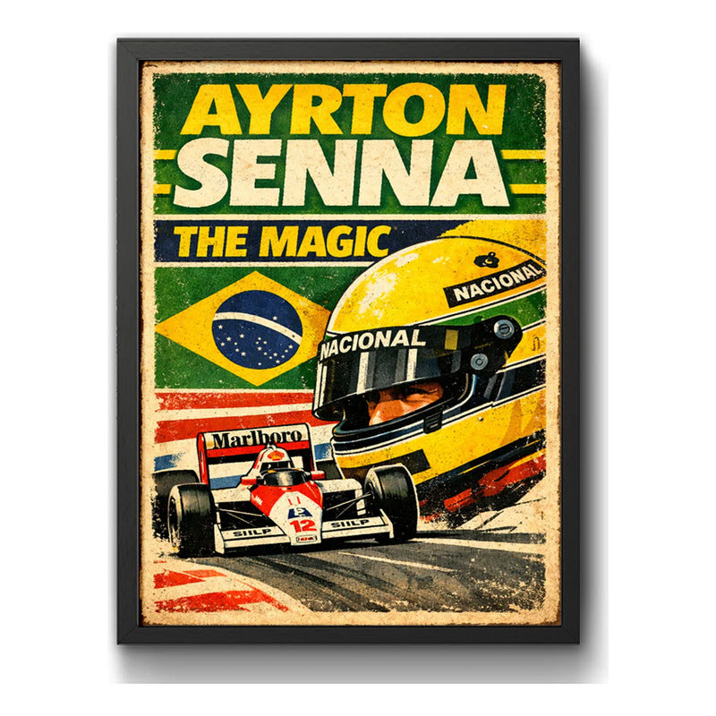 Cuadro Senna The Magic Piloto Auto Formula 1  Casco Retro Marco Negro