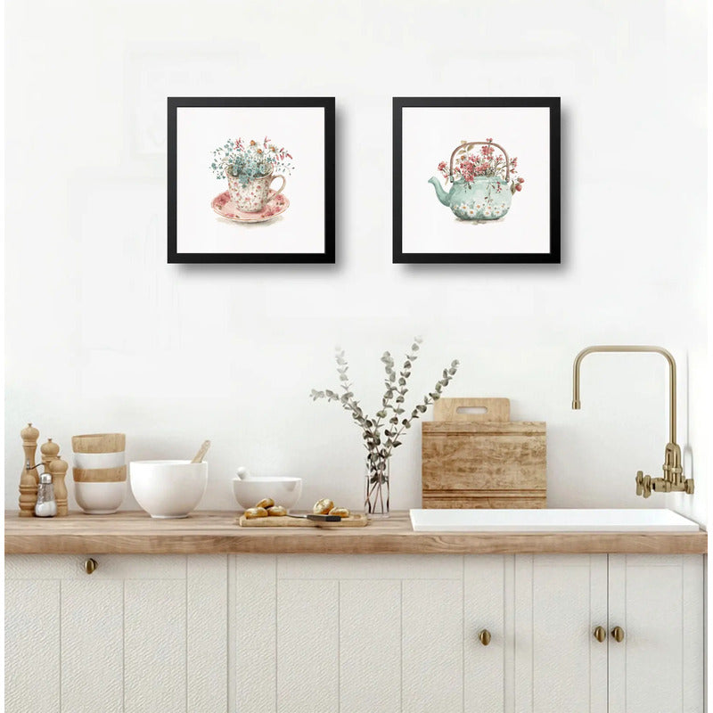 Set 2 Cuadros Taza De Té Con Flores Tetera Botanica Cocina Marco Negro