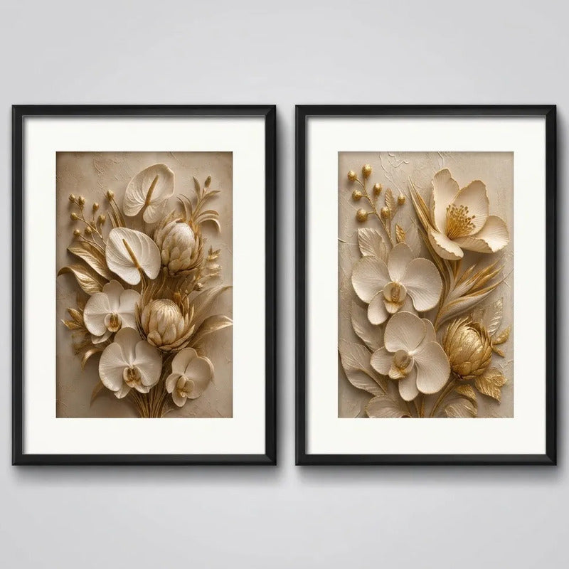 Set 2 Cuadros Flores Blancas Tonos Beige Lujosa Con Paspartú 43x33cm Cada Cuadro Negro