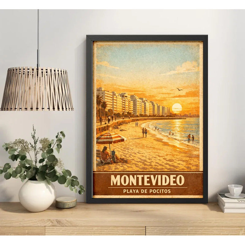 Cuadro Montevideo Playa De Pocitos Rambla Mar Retro Uruguay Marco Negro
