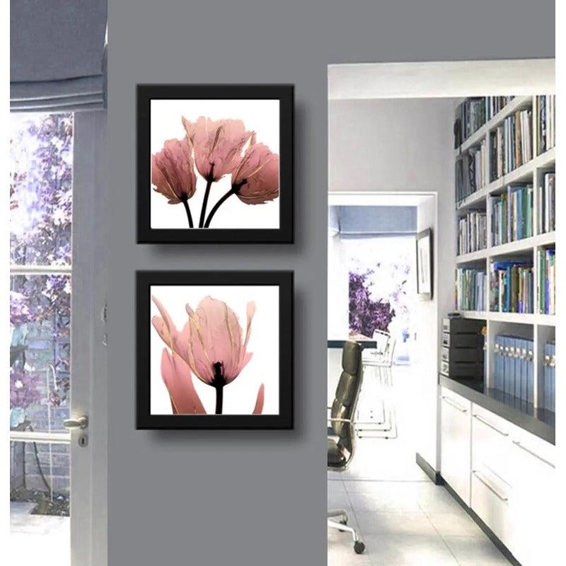 Set 2 Cuadros Flores Minimalista Rosé Gold Hojas 33x33cm Marco Negro