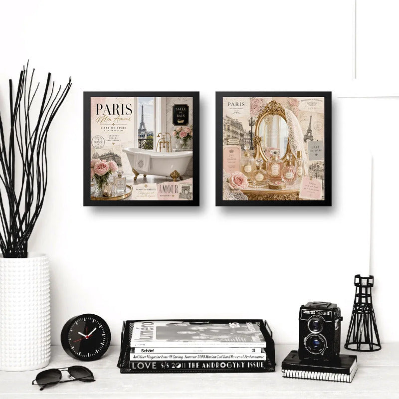 Set 2 Cuadros Decoracion Bano Paris Retro Banera Perfumes Marco Negro
