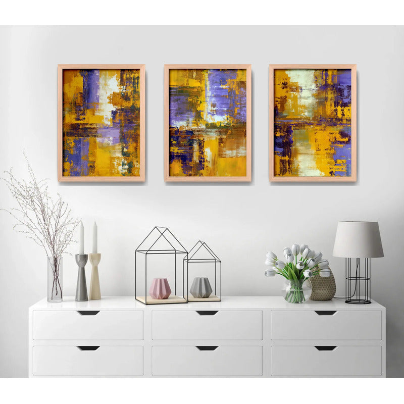 Set 3 Cuadros Dormitorio Living Abstracto Amarillo Púrpura Marco Marrón Claro