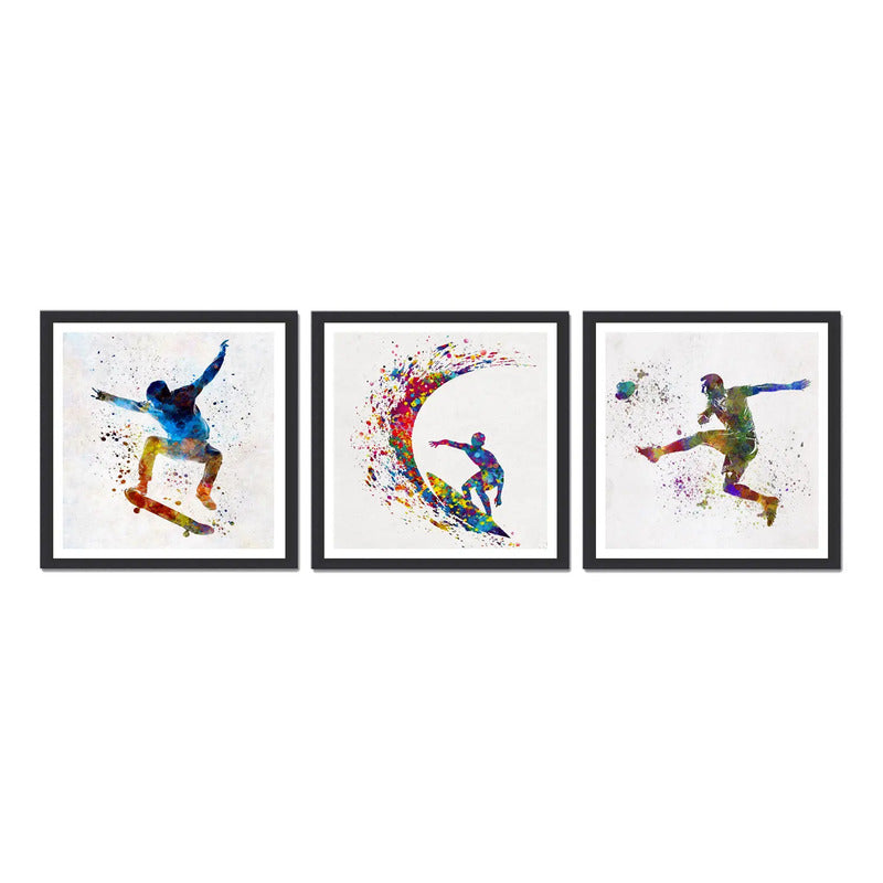 Set 3 Cuadros Skate Surf Futbol Pop Art Deportes Club Gym Marco Negro