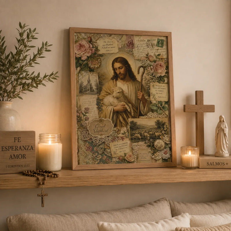 Cuadro Jesús Cristo El Buen Pastor Oveja Rosas Arte Religion Marco Madera Natural Oak
