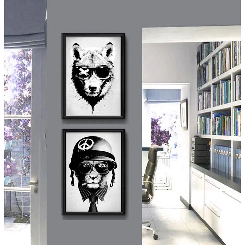 Set 2 Cuadros Lobo León Animales Arte Urbano Decoracion