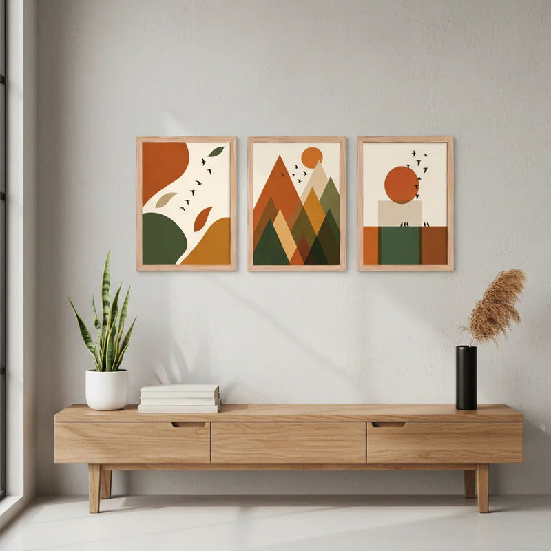 Set 3 Cuadros Dormitorio Living Boho Arte Abstracto Amanecer Geometrico I Marrón Claro