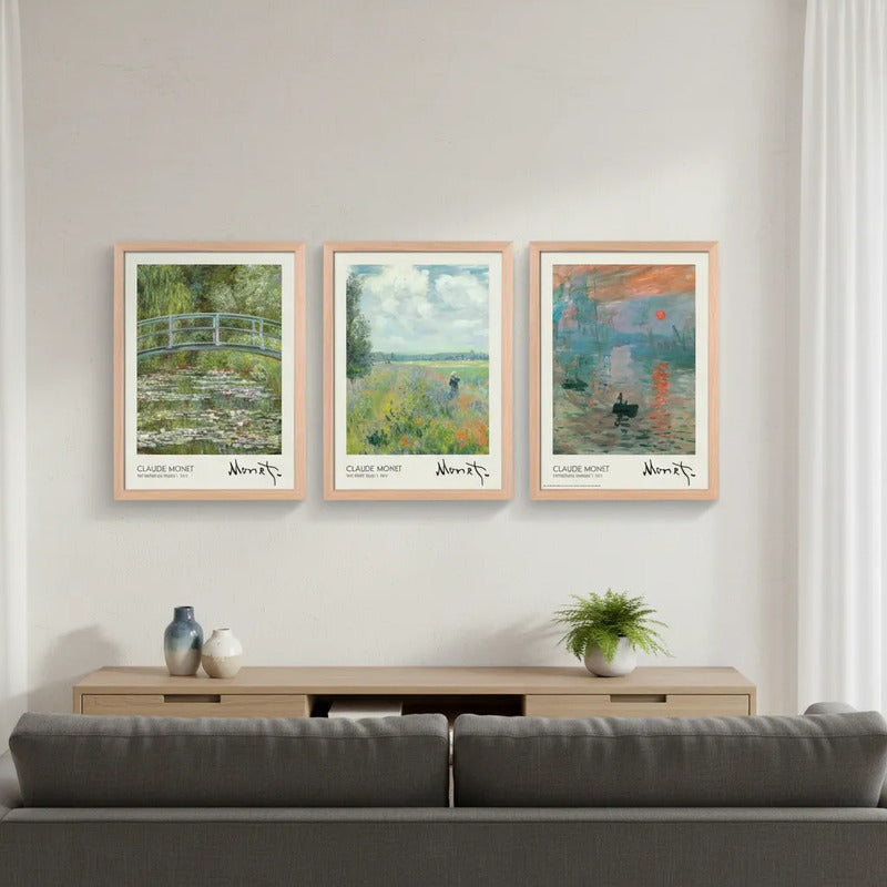 Set 3 Cuadros Living Dormitorio Claude Monet Obras Clásicas Marco Marrón Claro