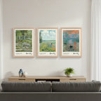 Set 3 Cuadros Living Dormitorio Claude Monet Obras Clásicas Marco Marrón Claro
