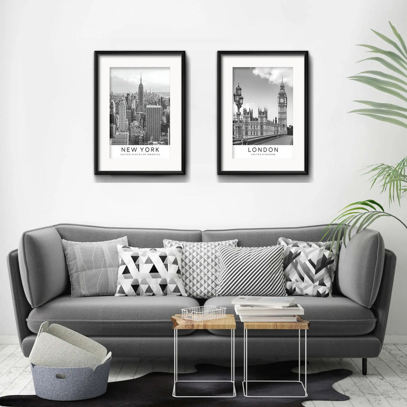 Set 2 Cuadros New York Londres Blanco Negro 53x43cm Paspartú Marco Negro