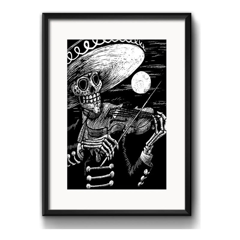Cuadro Calavera Mariachi Tattoo Decoracion Con Paspartú Marco Negro