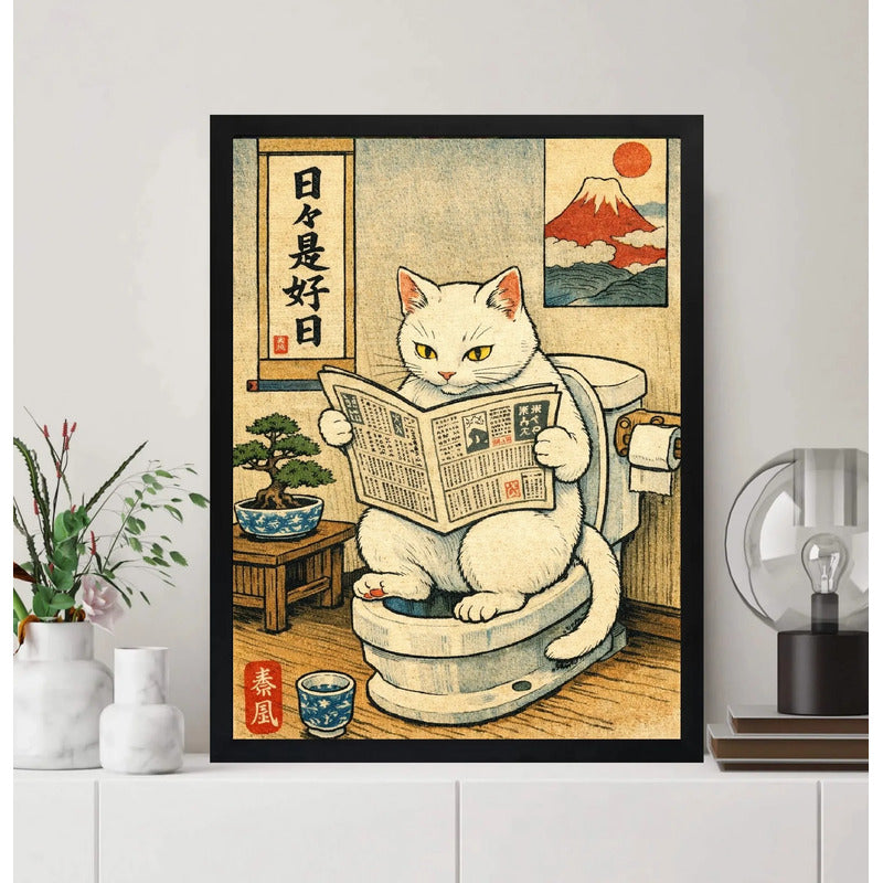Cuadro Gato Blanco Bano Bonsai Arbol Japón Monte Fuji Arte Marco Negro