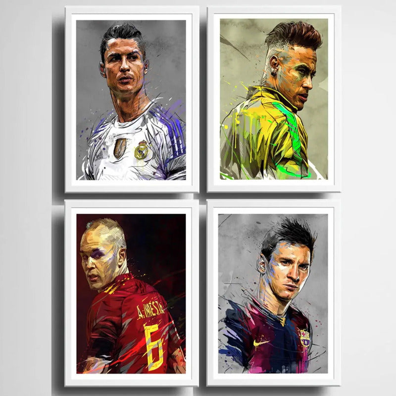 Set 4 Cuadros Messi Neymar Cristiano Ronaldo Iniesta Fútbol