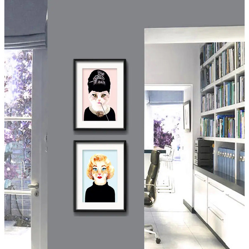 Set 2 Cuadros Gatas Marilyn Monroe Audrey Hepburn Paspartu