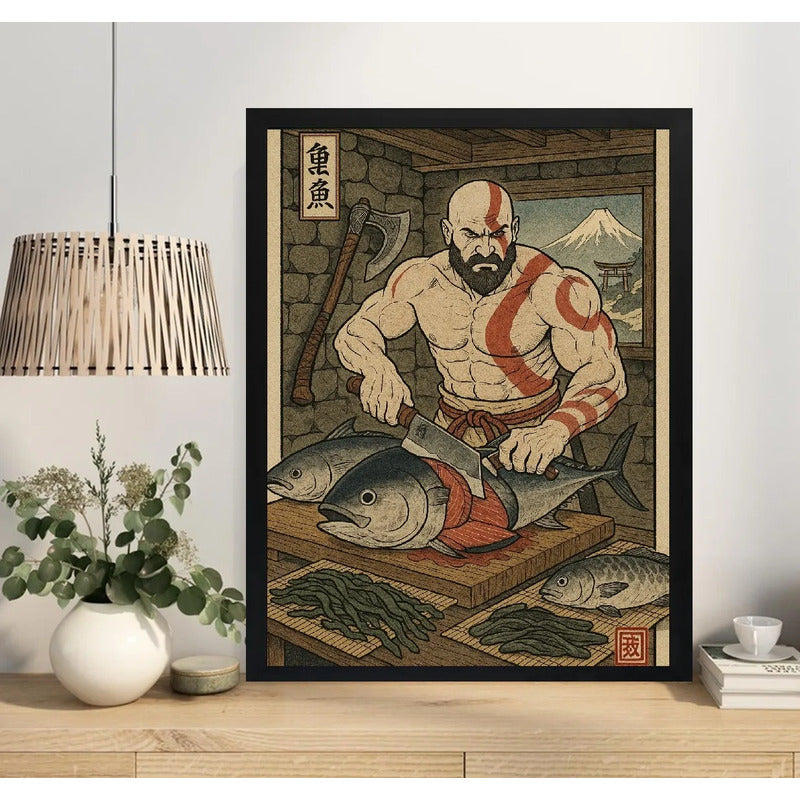 Cuadro Kratos Chef Sushi Cocina Japón Fuji Game God Of War Marco Negro